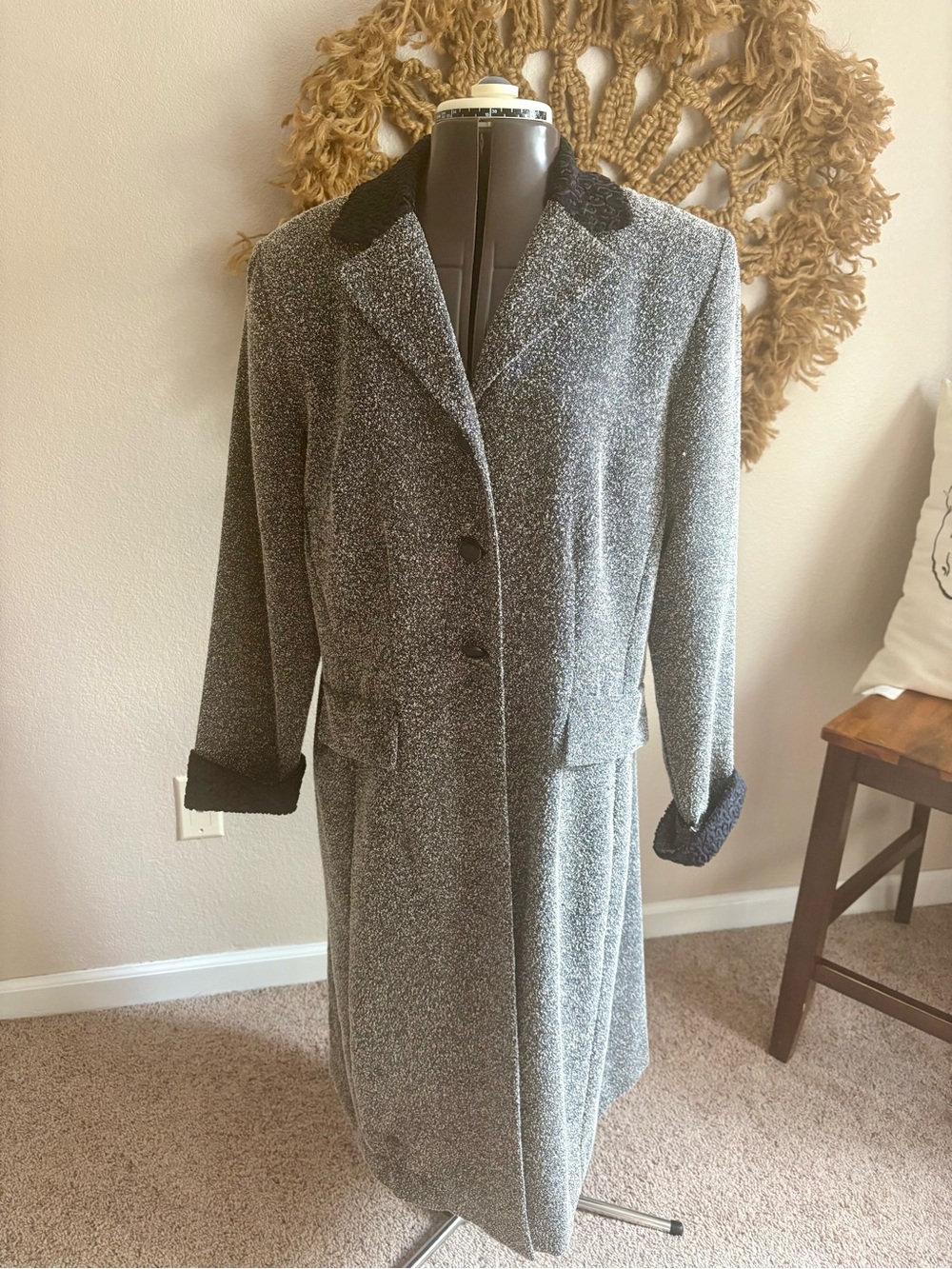 Danny & Nicole Gray Long Trench Coat with Black Trim Size L